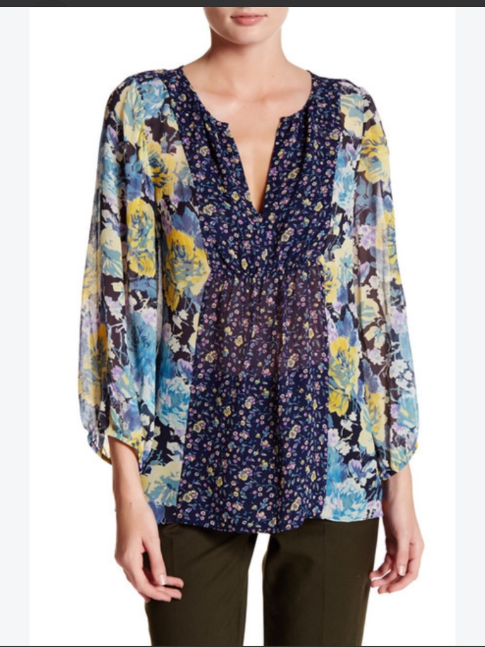 $288 Joie Thistle Navy Floral Mixed-Print Silk Blouse size M